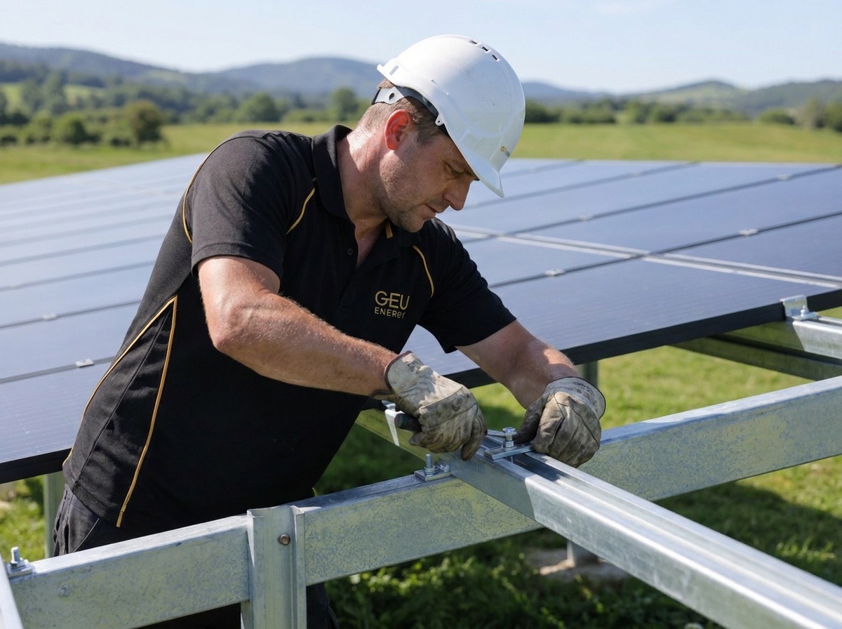 Equipo GEU Energy instalando estructura biposte