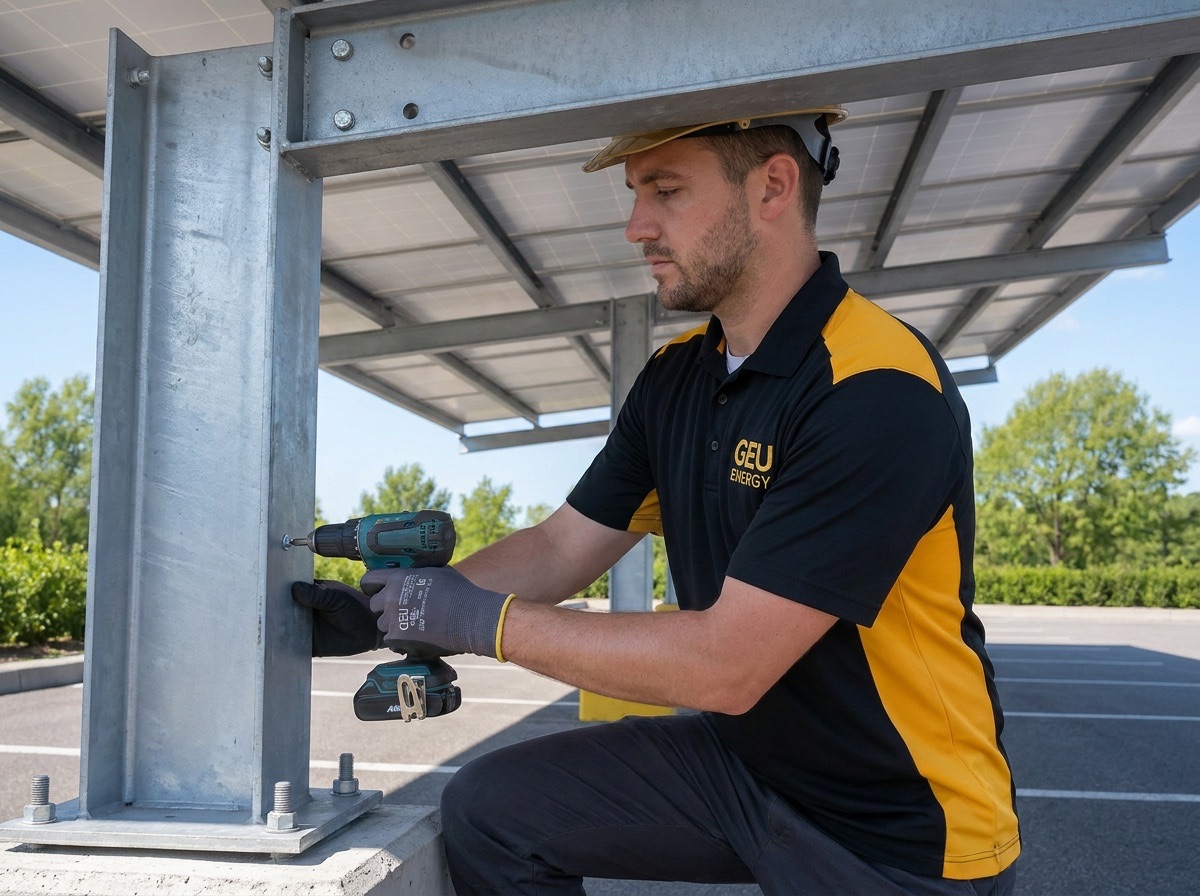 Equipo GEU Energy instalando estructura carport