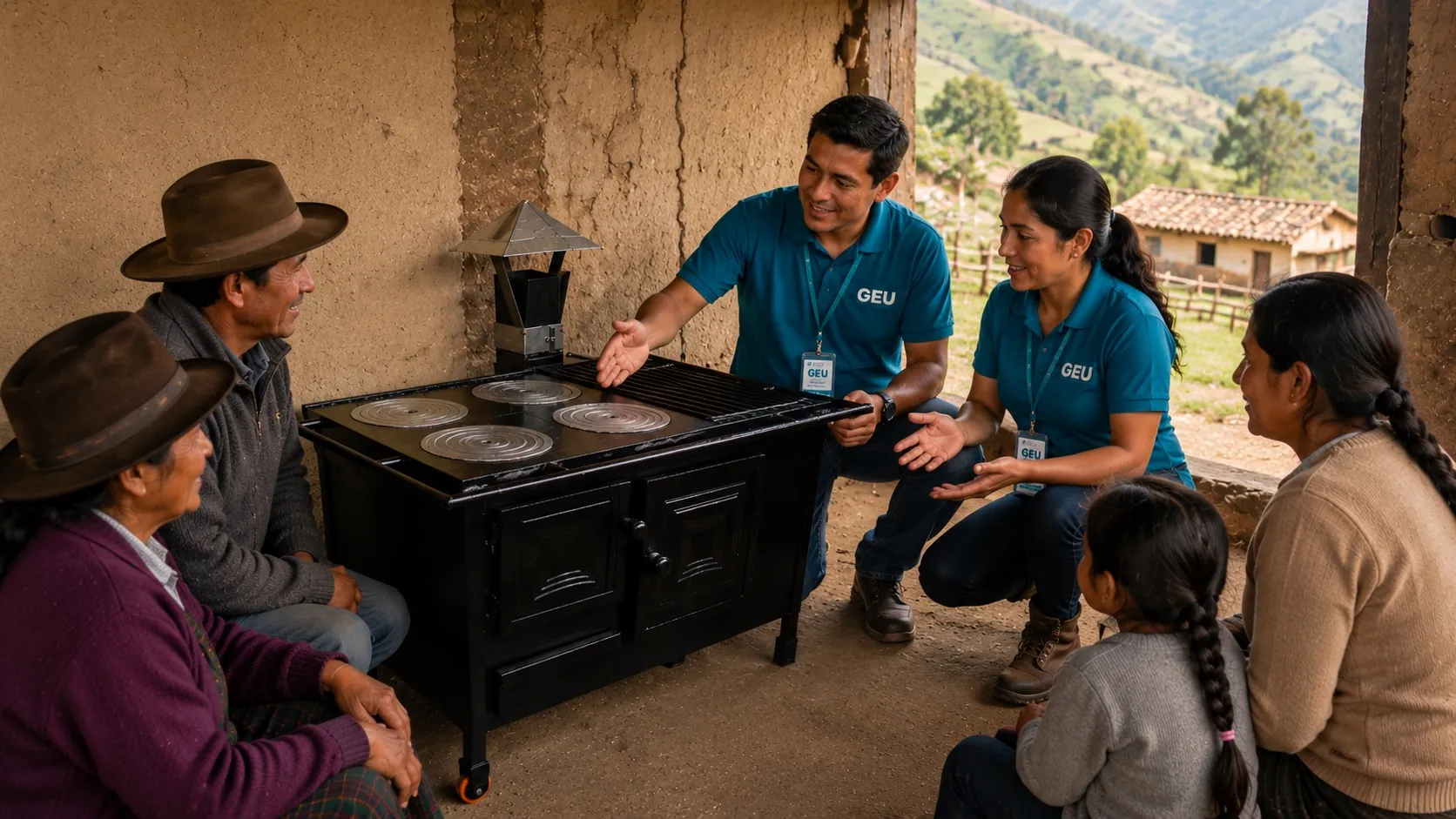 Familia y equipo GEU reunidos junto a la estufa instalada, con vista a las montañas